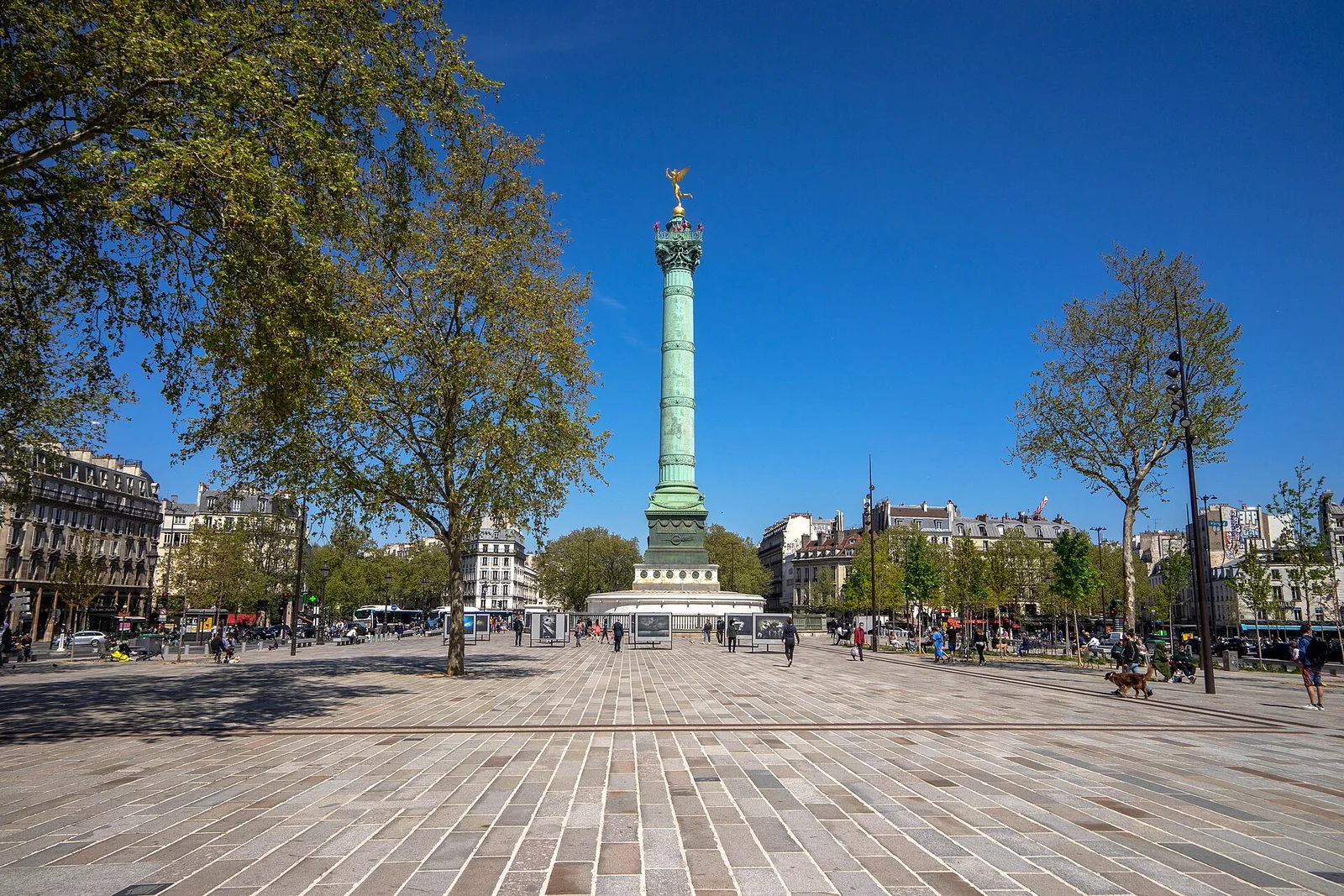 The July Column rises above the broad paved Place de la Bastille, framed by trees and Parisian buildings.