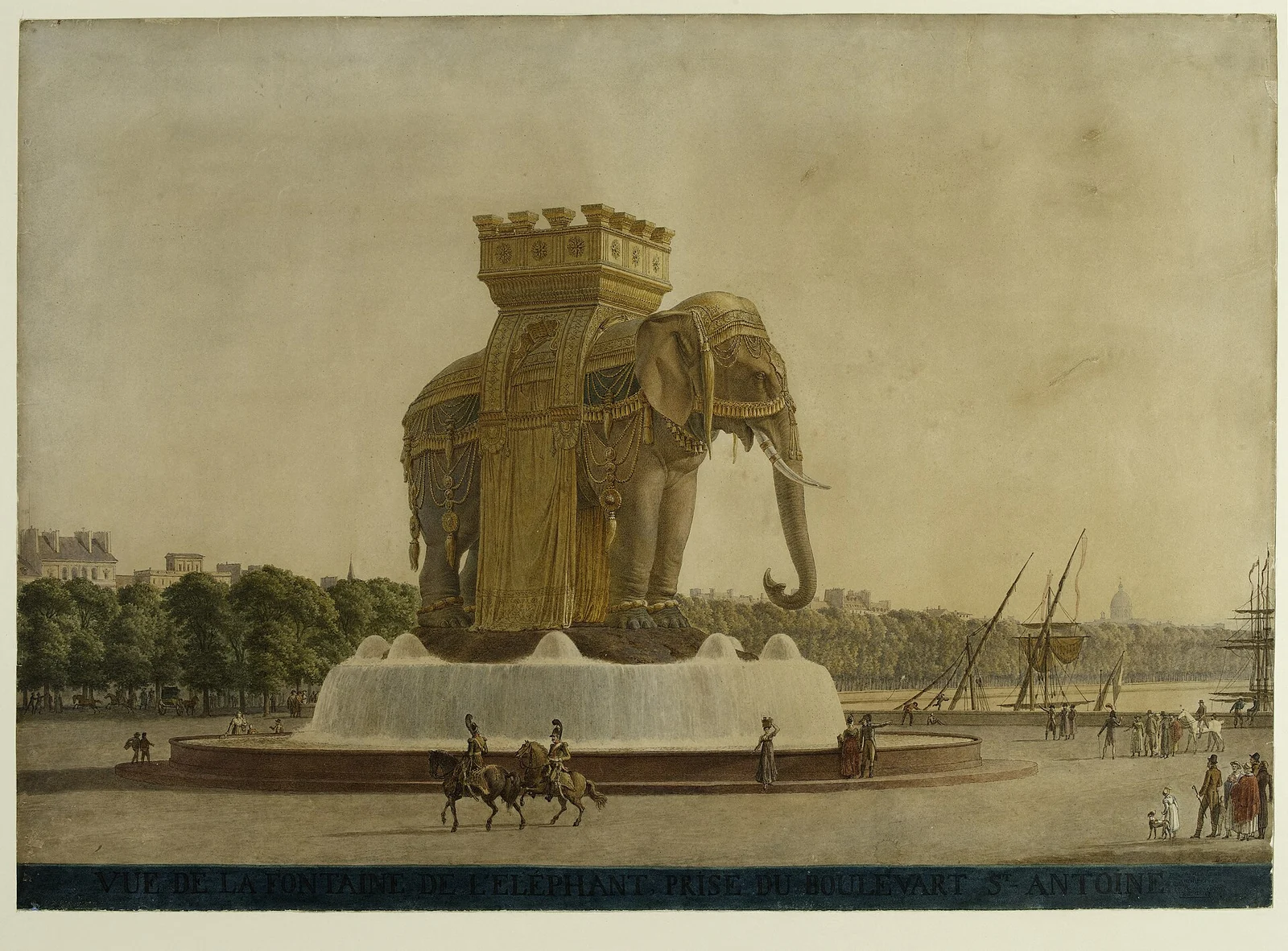 A period watercolor of a monumental elephant fountain with a howdah, basin, pedestrians and canal boats.
